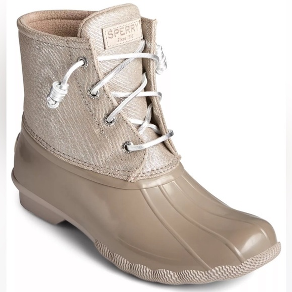 Sperry Saltwater Waterproof Silver Beige Sparkle Dove Duck Booties Rain Boots - Picture 1 of 17